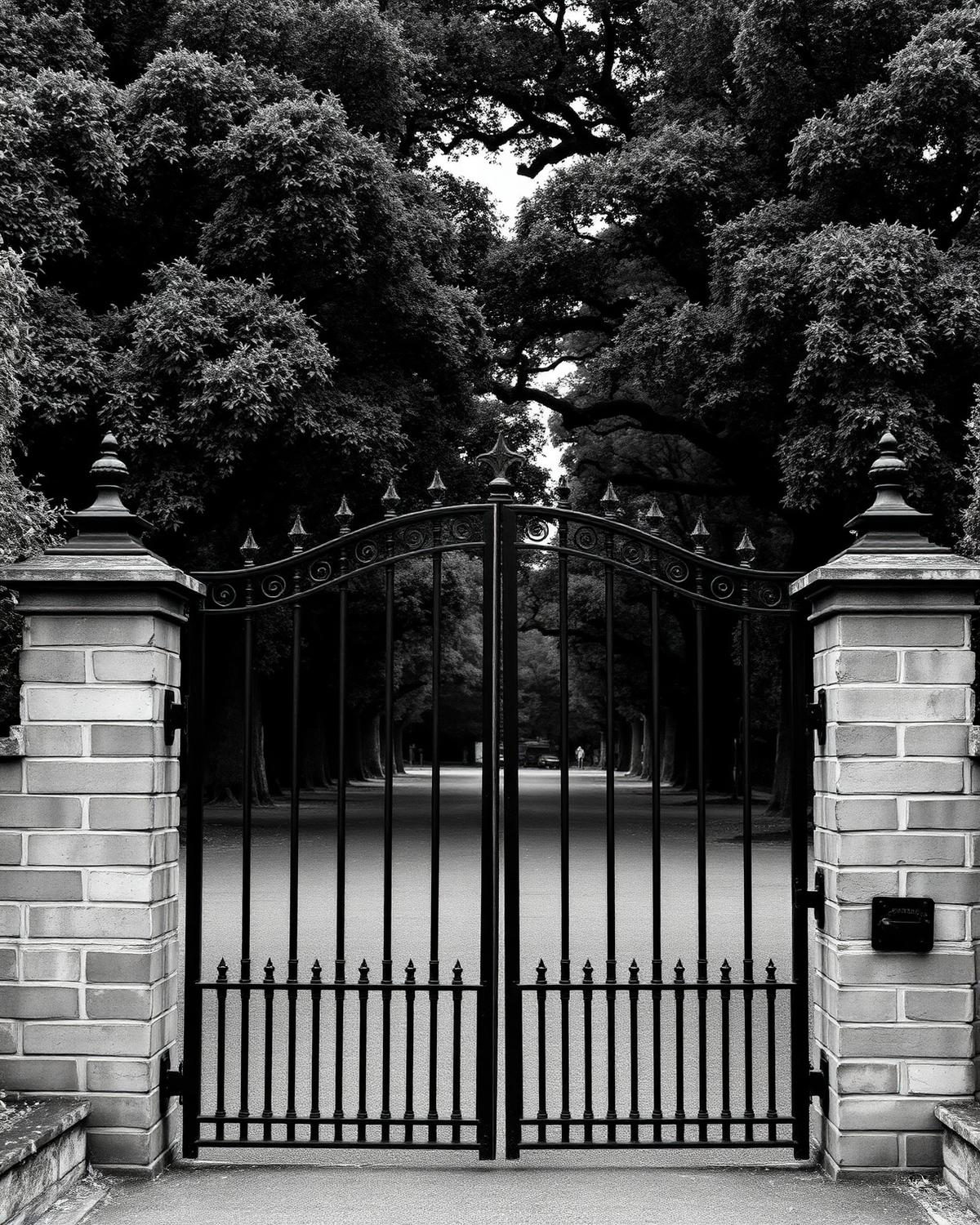 Wrought iron country estate gate framed by mature English oaks